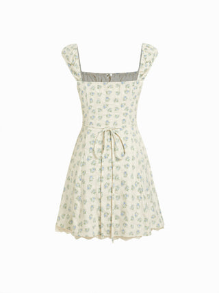 Square Neck Floral Knotted Mini Dress