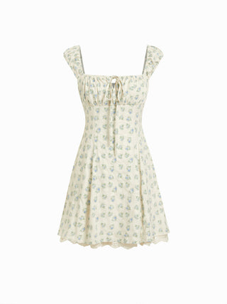 Square Neck Floral Knotted Mini Dress