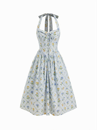 Cotton-blend Sculptural Ditsy Floral Halter Neckline Knotted A-line Maxi Dress