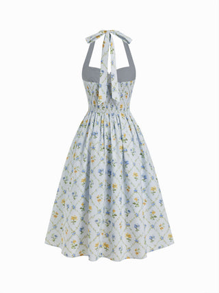 Cotton-blend Sculptural Ditsy Floral Halter Neckline Knotted A-line Maxi Dress