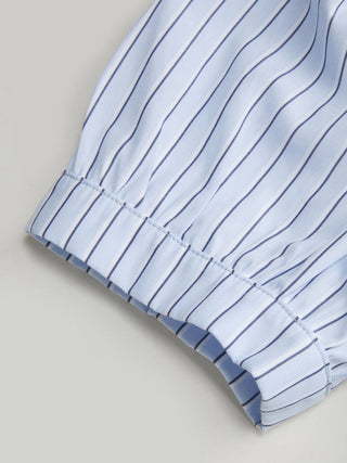 Striped Stand Collar Puff Sleeve Toggle Button Peplum Hem Blouse