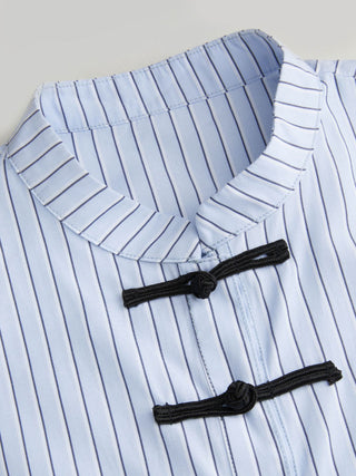 Striped Stand Collar Puff Sleeve Toggle Button Peplum Hem Blouse
