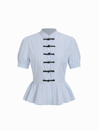 Striped Stand Collar Puff Sleeve Toggle Button Peplum Hem Blouse