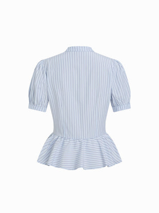 Striped Stand Collar Puff Sleeve Toggle Button Peplum Hem Blouse