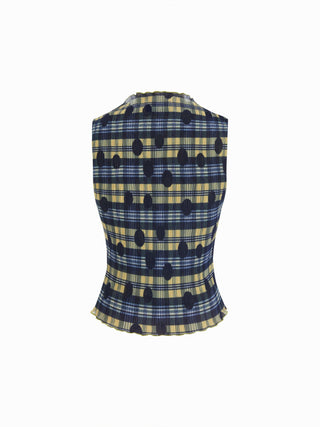 High Neck Plaid Texture Lettuce Trim Tank Top