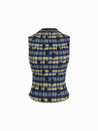 High Neck Plaid Texture Lettuce Trim Tank Top