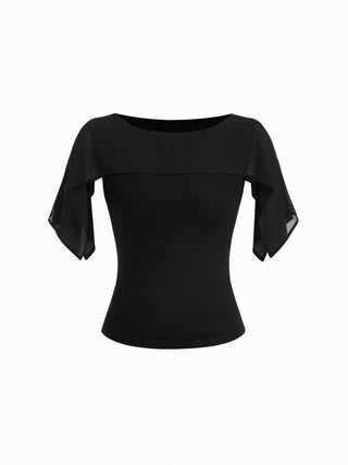 Boat Neck Draped Overlay Short Sleeve Top