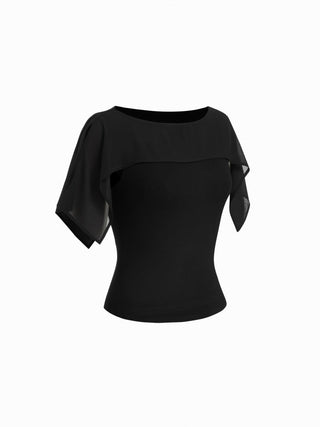 Boat Neck Draped Overlay Short Sleeve Top