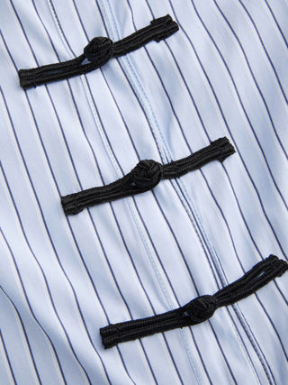 Striped Stand Collar Puff Sleeve Toggle Button Peplum Hem Blouse