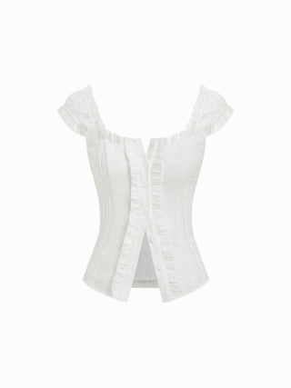 Cotton-blend Square Neck Ruffled Lace-up Corset Blouse