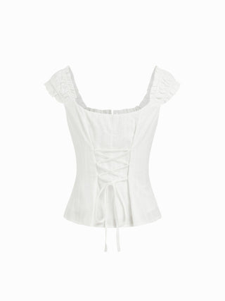 Cotton-blend Square Neck Ruffled Lace-up Corset Blouse
