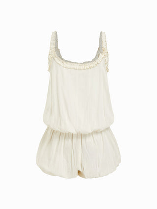 Cotton-blend Mid Rise Scoop Neck Ruffle Bubble Hem Oversized Romper