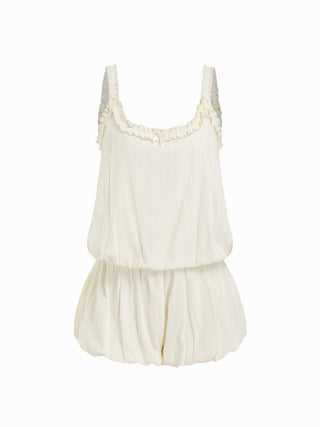 Cotton-blend Mid Rise Scoop Neck Ruffle Bubble Hem Oversized Romper