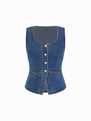 Denim Square Neck Metal Detail Tank Top