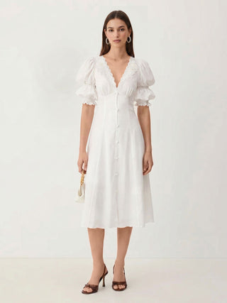 Broderie Anglaise Rose Floral V-neck Puff Sleeve Flared Midi Dress
