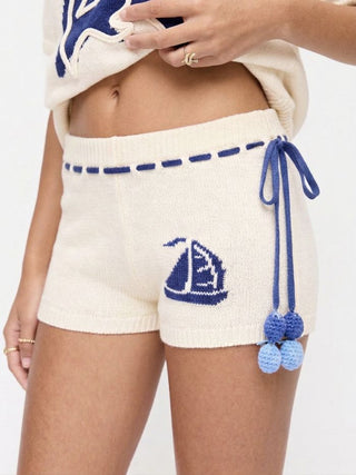 Knit Mid Rise Sailboat Graphic Embroidery Pom Pom Detail Micro Shorts
