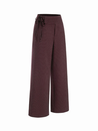 Low Rise Striped Tie Side Ruched Straight Leg Trousers