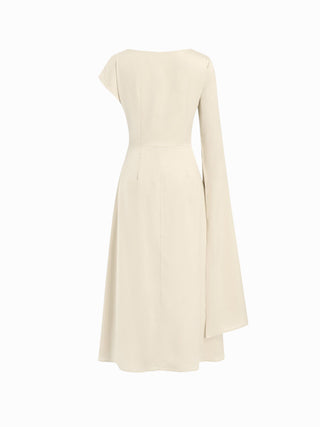 Satin Boat Neck Pleated Asymmetrical Sleeve Maxi Dress