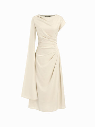 Satin Boat Neck Pleated Asymmetrical Sleeve Maxi Dress