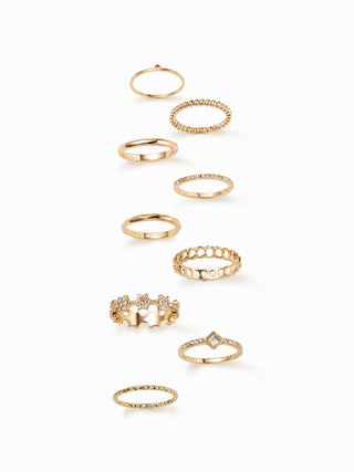 9PCS RHINESTONE & TEXTURED RING SET