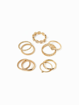 9PCS RHINESTONE & TEXTURED RING SET