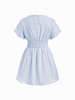 Cotton V-neck Batwing Sleeve Eyelet Flared Mini Dress
