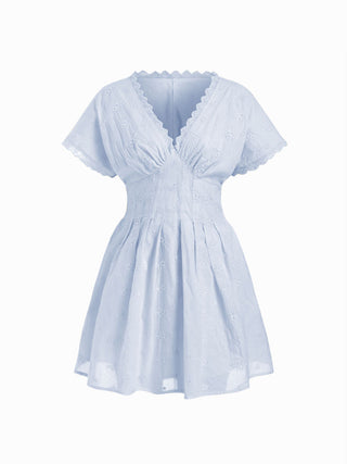 Cotton V-neck Batwing Sleeve Eyelet Flared Mini Dress