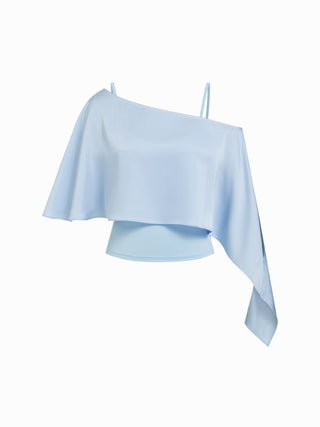 Satin Asymmetrical Neck Short Sleeve Cape Blouse