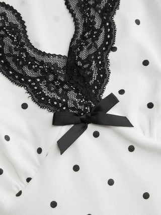Cotton-blend Polka Dot V-neck Short Sleeve Lace Trim Bowknot Top
