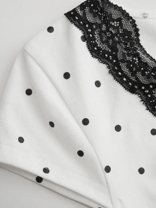 Cotton-blend Polka Dot V-neck Short Sleeve Lace Trim Bowknot Top