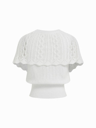 Knit Pointelle Bowknot Cape Detail Short Sleeve Top