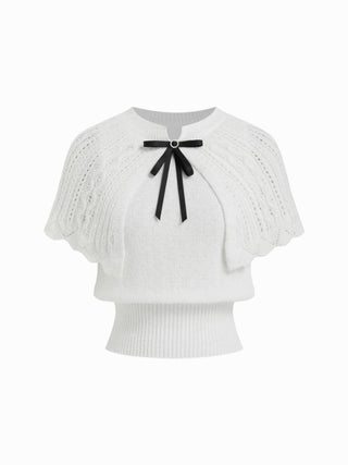 Knit Pointelle Bowknot Cape Detail Short Sleeve Top