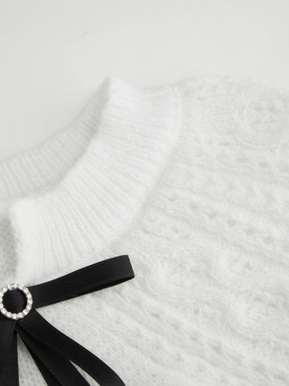 Knit Pointelle Bowknot Cape Detail Short Sleeve Top