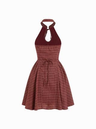 Cotton Plaid Halter Neckline Cut Out Bowknot Flared Mini Dress