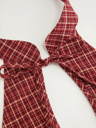 Cotton Plaid Halter Neckline Cut Out Bowknot Flared Mini Dress