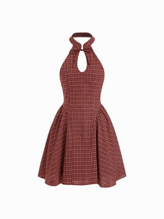 Cotton Plaid Halter Neckline Cut Out Bowknot Flared Mini Dress
