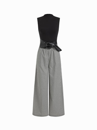 Cotton-blend Gingham High Neck Colorblock Mid Rise Wide Leg Jumpsuit With Belt