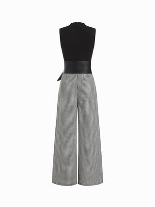 Cotton-blend Gingham High Neck Colorblock Mid Rise Wide Leg Jumpsuit With Belt