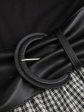 Cotton-blend Gingham High Neck Colorblock Mid Rise Wide Leg Jumpsuit With Belt