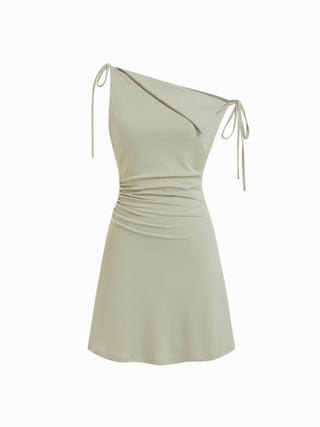Asymmetrical Neck Ruched Bowknot A-line Mini Dress