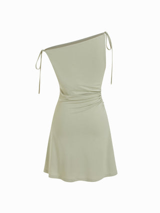 Asymmetrical Neck Ruched Bowknot A-line Mini Dress