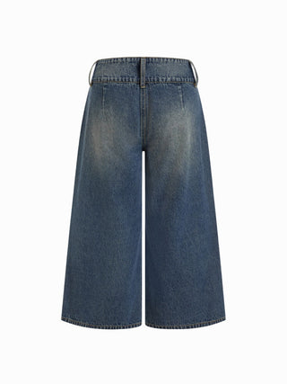 Washed Denim Low Rise Metal Detail Wide Leg Capri Jeans