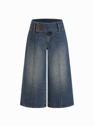 Washed Denim Low Rise Metal Detail Wide Leg Capri Jeans