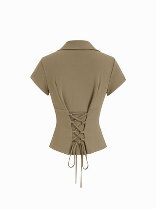 Notched Collar Lace Up Corset Blouse