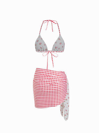 Reversible Floral & Gingham Halter Neckline Triangle Bikini Set With Cover Up Skirt