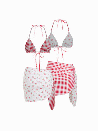 Reversible Floral & Gingham Halter Neckline Triangle Bikini Set With Cover Up Skirt