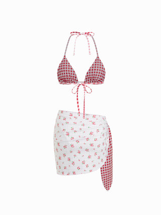Reversible Floral & Gingham Halter Neckline Triangle Bikini Set With Cover Up Skirt