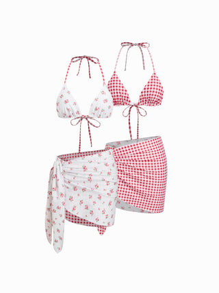 Reversible Floral & Gingham Halter Neckline Triangle Bikini Set With Cover Up Skirt