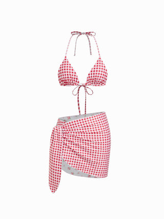 Reversible Floral & Gingham Halter Neckline Triangle Bikini Set With Cover Up Skirt