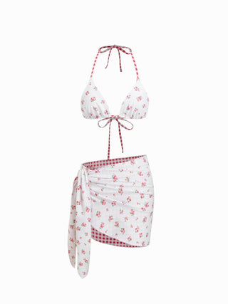 Reversible Floral & Gingham Halter Neckline Triangle Bikini Set With Cover Up Skirt